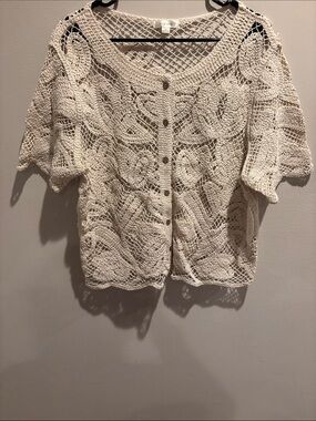 Open-Knit Button-Front Cardigan in Cream